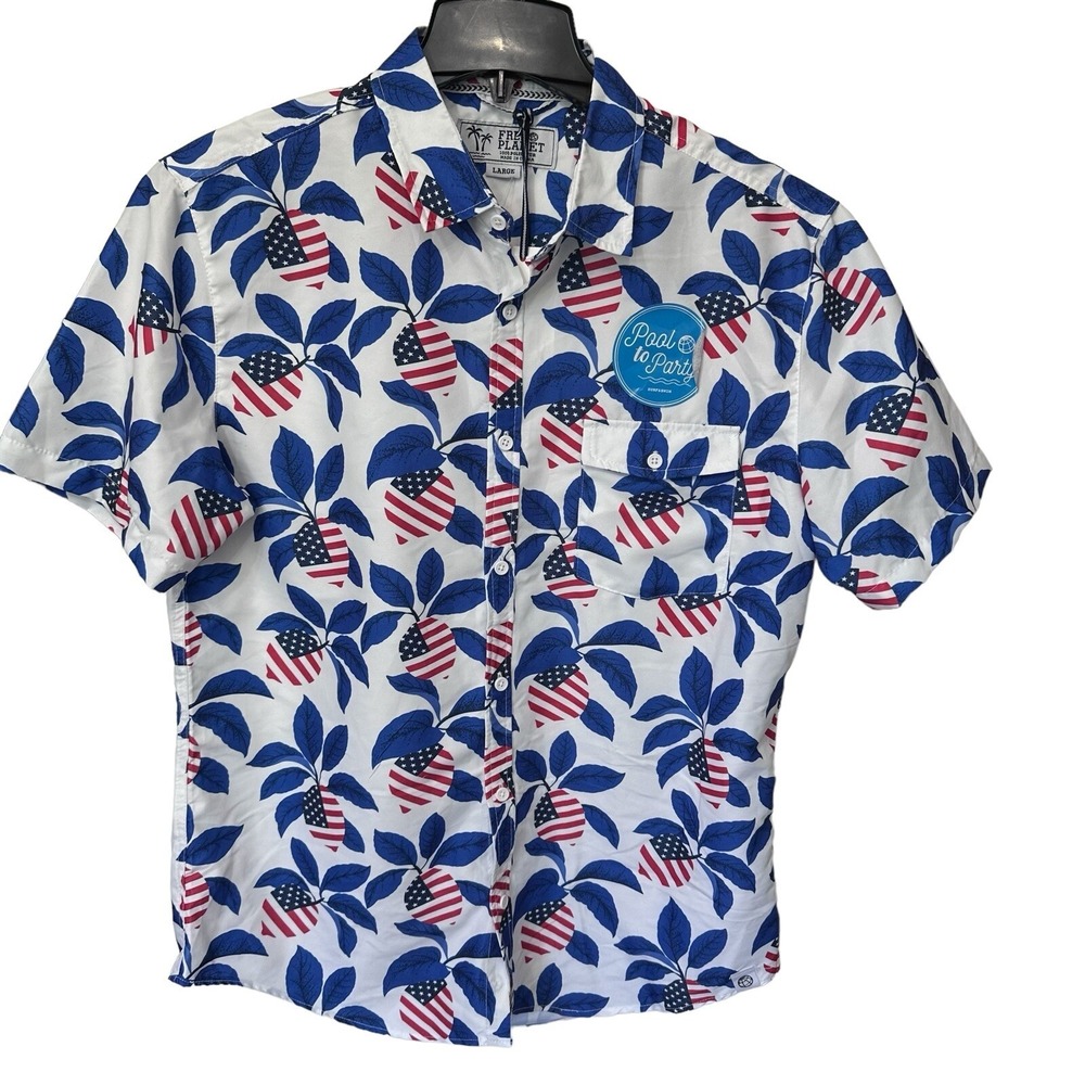NWT Free Planet Shirt Mens Large Red White & Blue American Short Sleeve Button